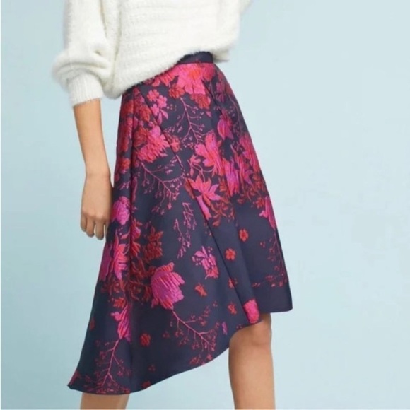 Anthropologie Eva Franco Asymmetrical Floral Jacquard Skirt Sz 2 Brocade Office - Picture 3 of 16